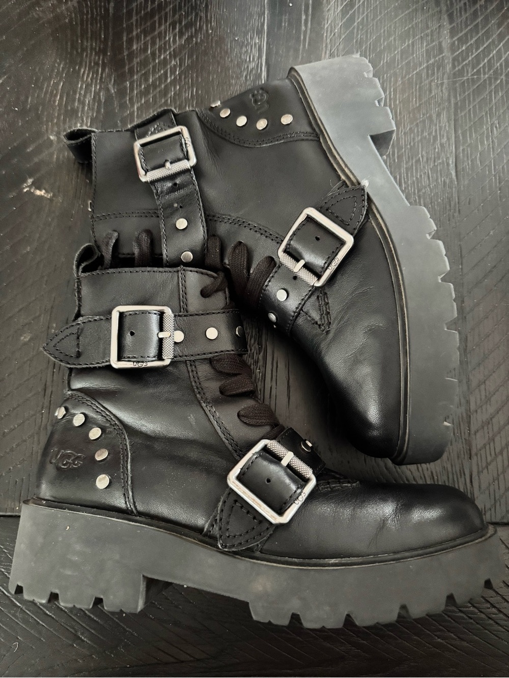 UGG Black Buckle Combat Boots - Men's Leather Lug Sole